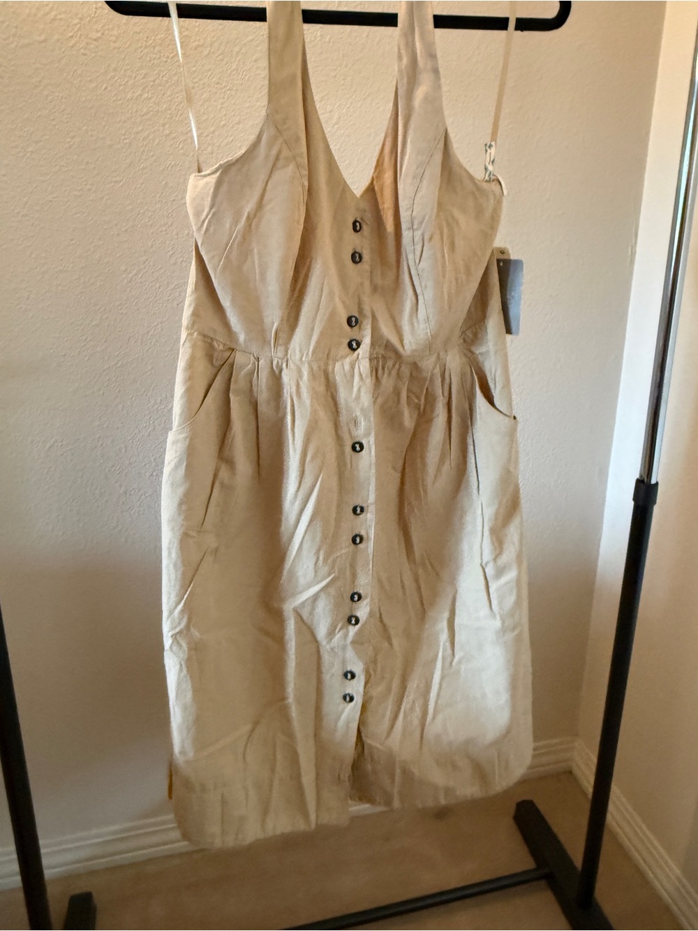 Beige Button-Front Linen Blend Sundress